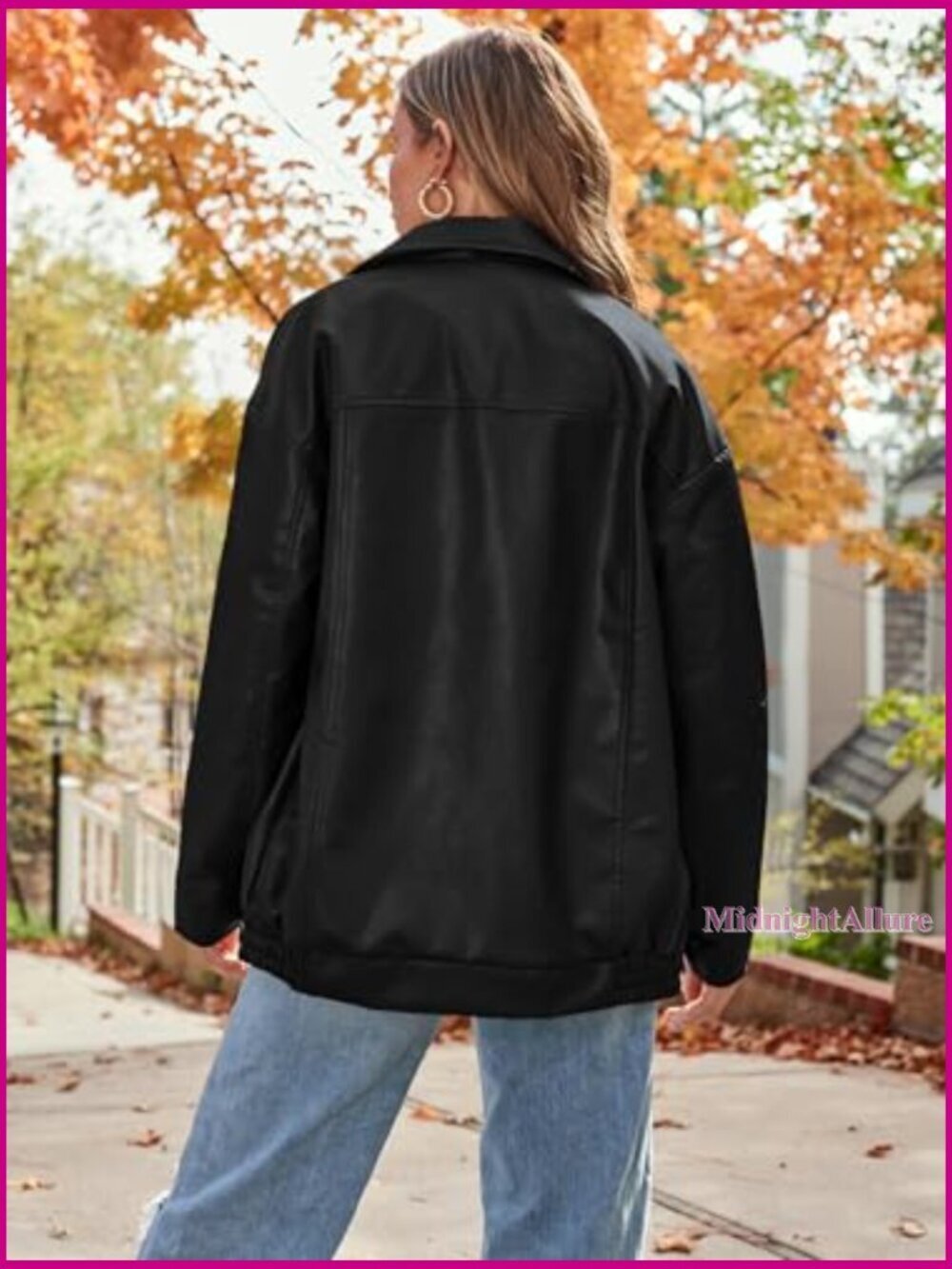 Oversized Faux Leather Motorcycle Jacket, Zipper Closure, Long Sleeve - Picture 4 of 6